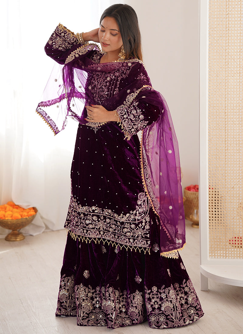 Viscose Velvet Wine Festival Wear Embroidery Work Readymade Sharara Suit 388706
