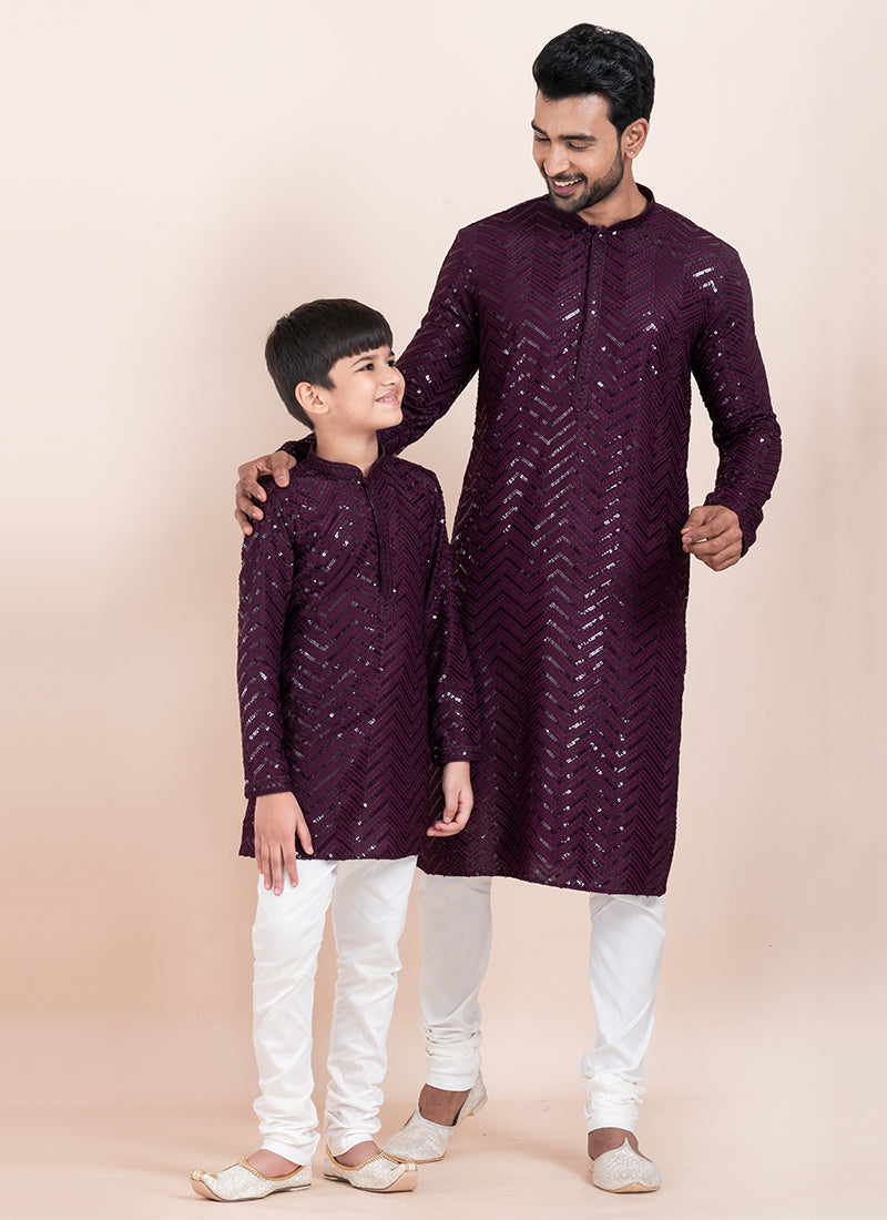 Viscose Rayon Wine Eid Wear Sequins Work Readymade Father Son Combo Set