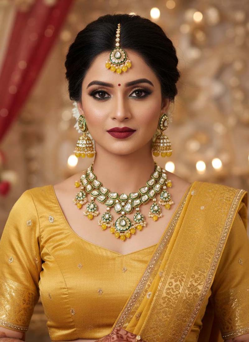 Yellow Wedding Wear Kundan Beauty Necklace Set