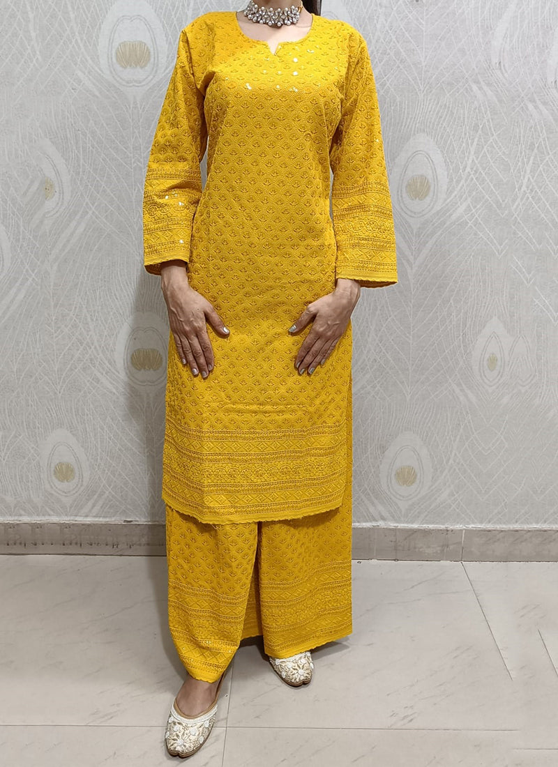Cambric Cotton Yellow Casual Wear Sequin Work Readymade Kurti With Pant