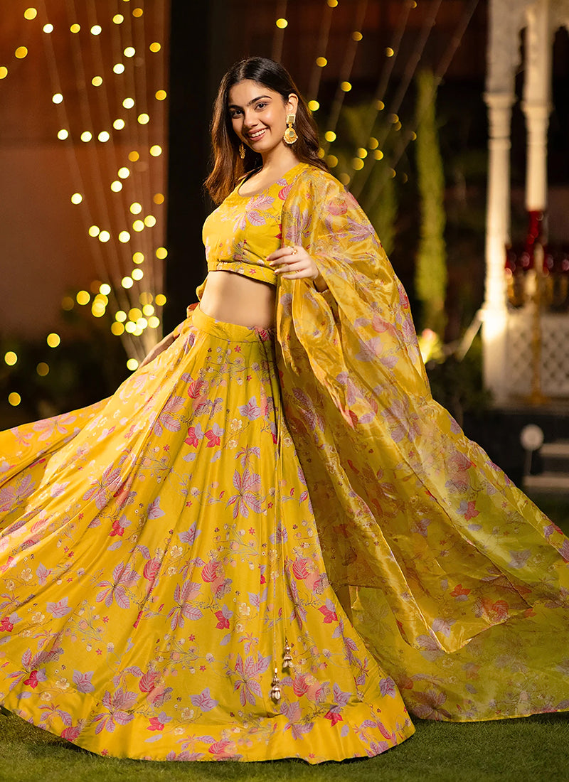 Chinnon Yellow Festival Wear Printed Ready To Wear Plus Size Lehenga Choli