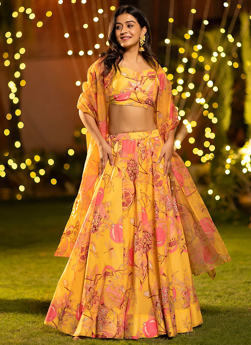 Chinnon Yellow Festival Wear Printed Ready To Wear Plus Size Lehenga Choli
