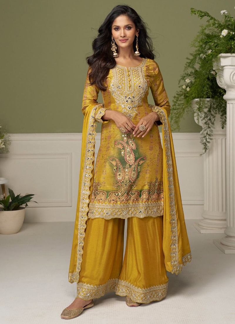 Yellow Chinon Embroidery Work Festival Wear Readymade Plazzo Suit SW862246