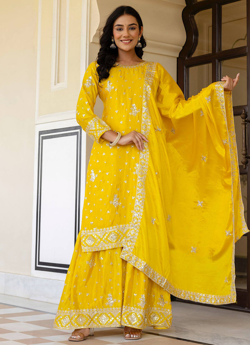 Chinon Silk Yellow Festival Wear Sequins Work Readymade Sharara Suit