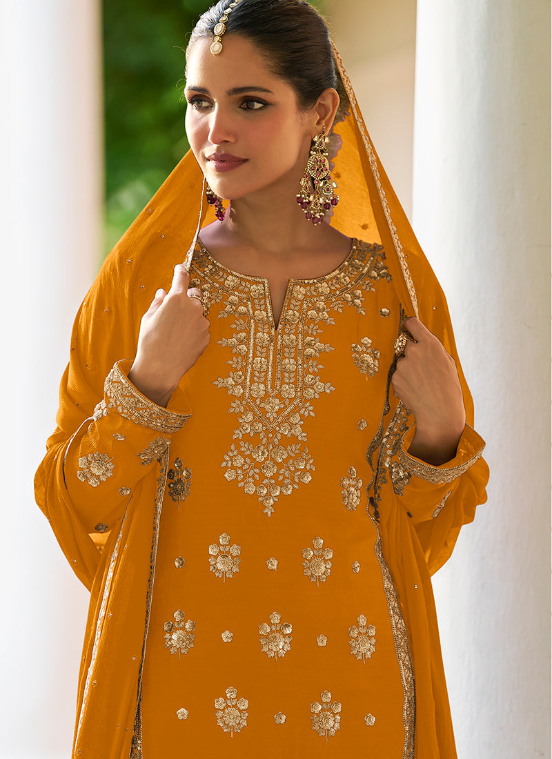 Yellow Chinon Sequins Work  Wedding Wear Readymade Plazzo Suit SW132328