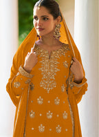 Yellow Chinon Sequins Work  Wedding Wear Readymade Plazzo Suit SW132328