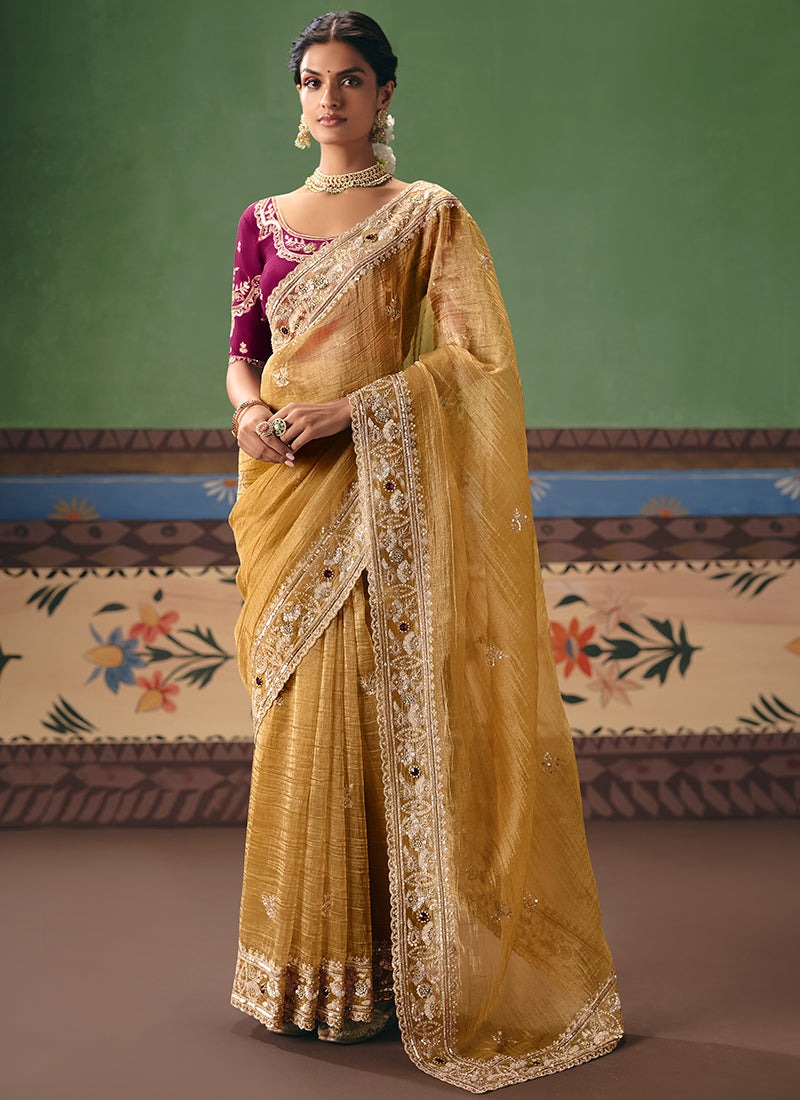 Yellow Fancy Embroidery Work Wedding Wear Saree SW923392