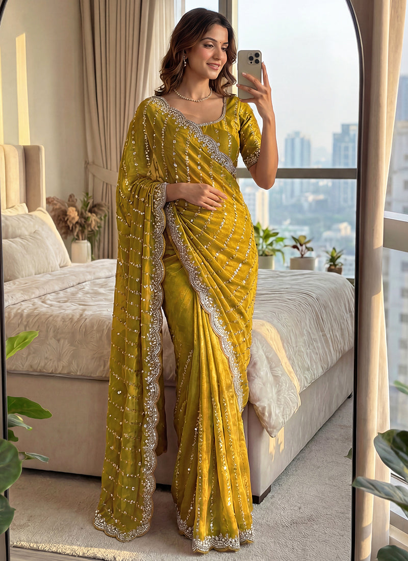 Yellow Fendi Satin Sequins Work Festival Wear Saree SW657182