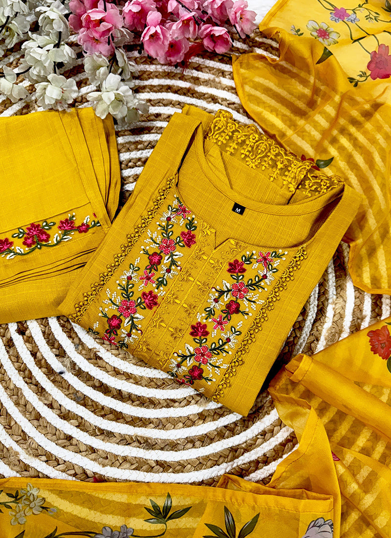Gadhwal Silk  Yellow Traditional Wear Embroidery Work Readymade Straight Suit