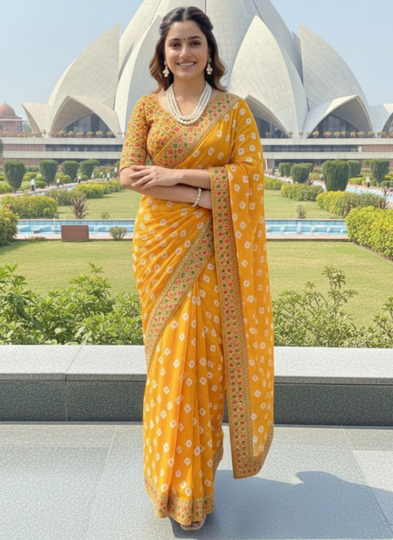 Georgette Yellow Festival Wear Printed Work Saree