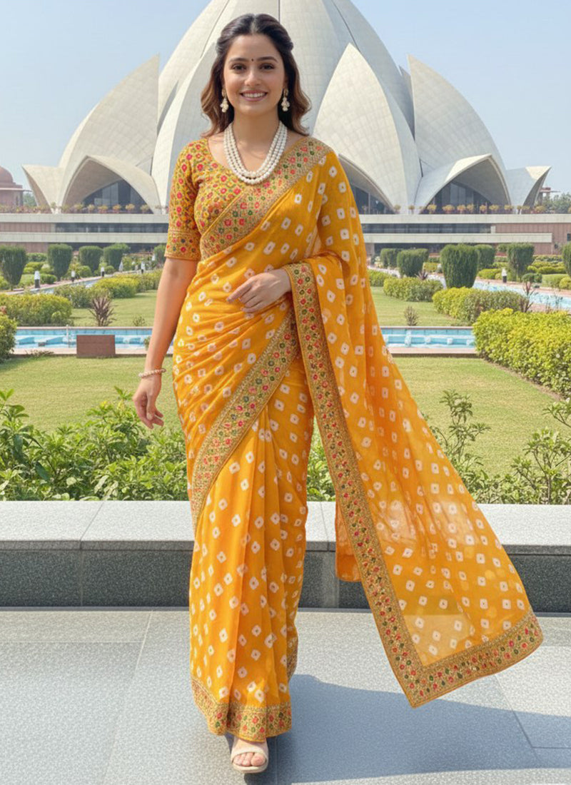 Georgette Yellow Festival Wear Printed Work Saree