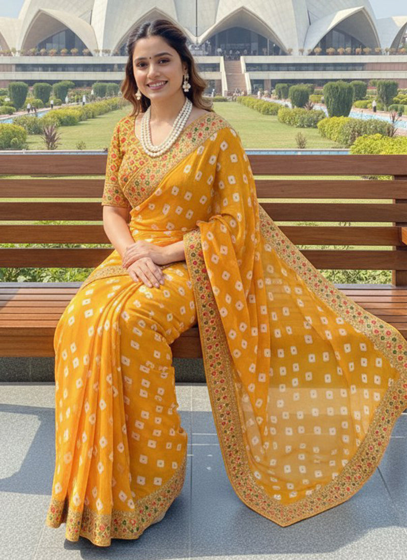 Georgette Yellow Festival Wear Printed Work Saree