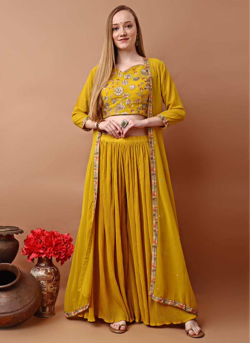 Yellow Georgette Embroidery Work Occasional Wear Readymade Designer Suit SW733238