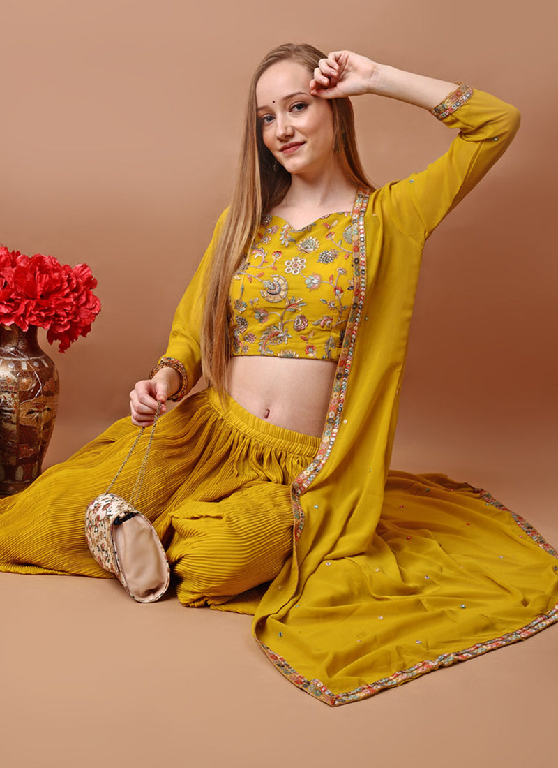 Yellow Georgette Embroidery Work Occasional Wear Readymade Designer Suit SW733238