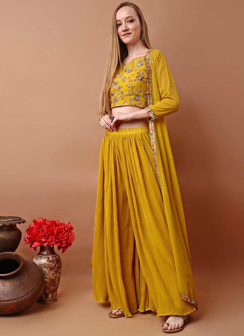 Yellow Georgette Embroidery Work Occasional Wear Readymade Designer Suit SW733238