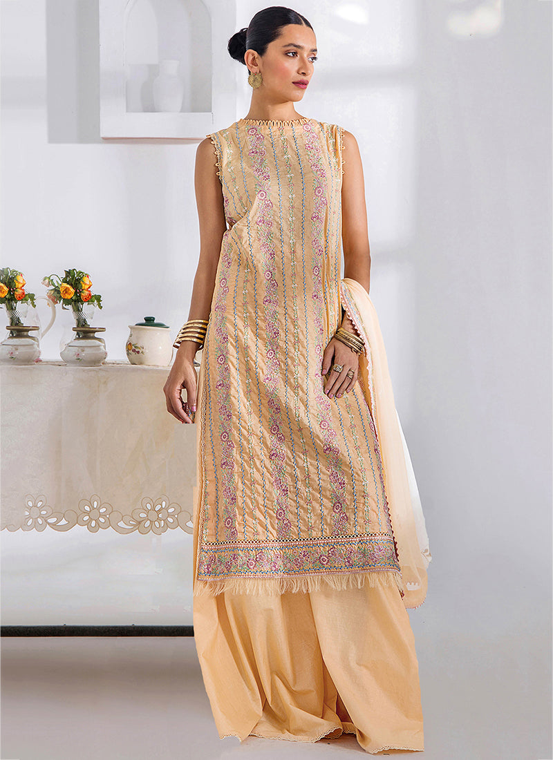 Heavy Cotton Yellow Traditional Wear Embroidery Work Pakistani Suit