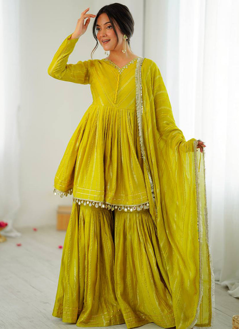 Mul Chander Yellow Festival Wear Mirror Work Readymade Sharara Suit