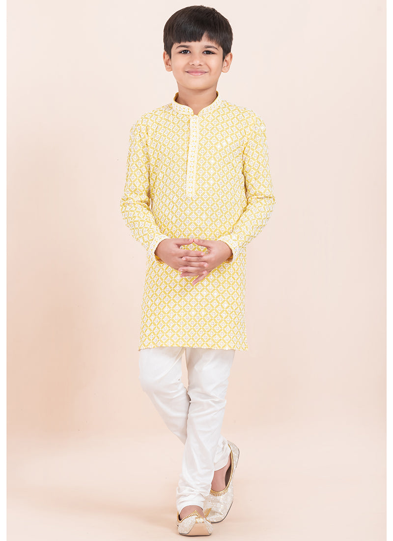 Rayon Yellow Festival Wear Embroidery Work Readymade Kids Kurta Pajama