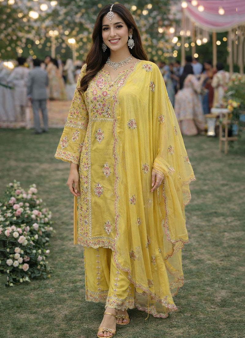 Yellow Shimmer Silk Embroidery Work Festival Wear Readymade Plazzo Suit SW918901