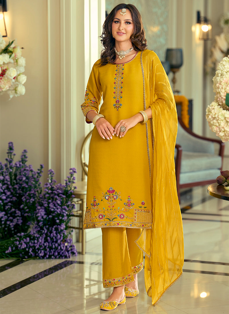 Silk Yellow Festival Wear Hand Work Readymade Salwar Suit 388943
