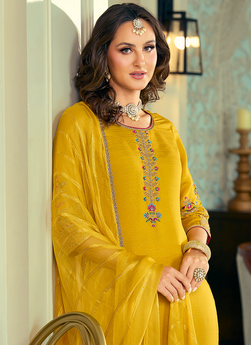Silk Yellow Festival Wear Hand Work Readymade Salwar Suit 388943