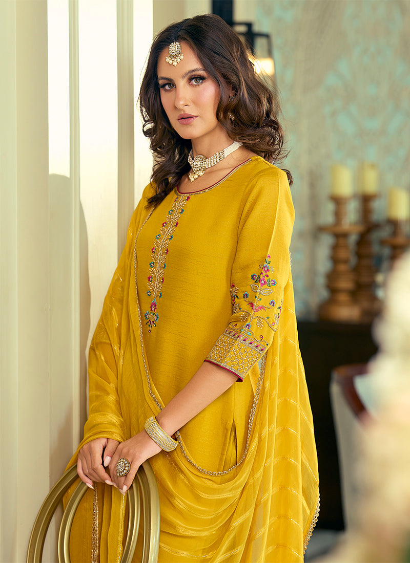 Silk Yellow Festival Wear Hand Work Readymade Salwar Suit 388943