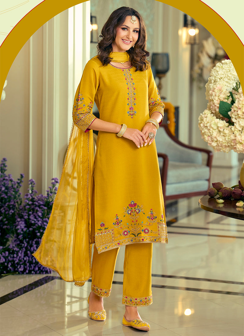 Silk Yellow Festival Wear Hand Work Readymade Salwar Suit 388943