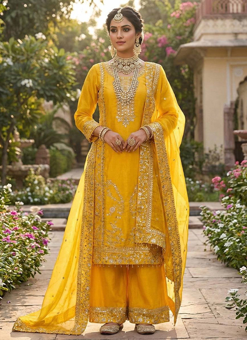 Yellow Silk Sequins Work  Festival Wear Readymade Plazzo Suit SW971072