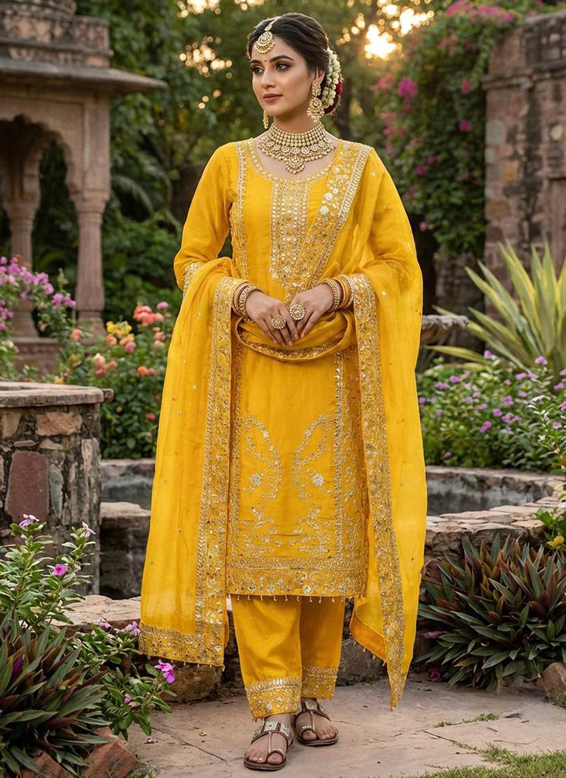Yellow Silk Sequins Work  Festival Wear Readymade Plazzo Suit SW971072