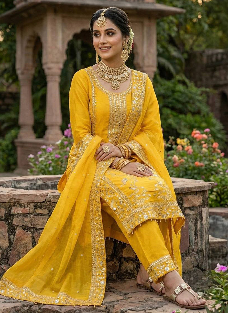 Yellow Silk Sequins Work  Festival Wear Readymade Plazzo Suit SW971072