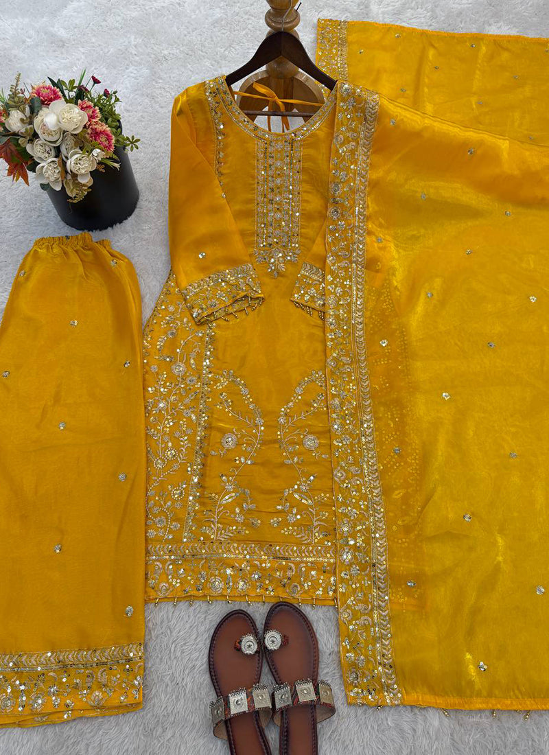 Yellow Silk Sequins Work  Festival Wear Readymade Plazzo Suit SW971072