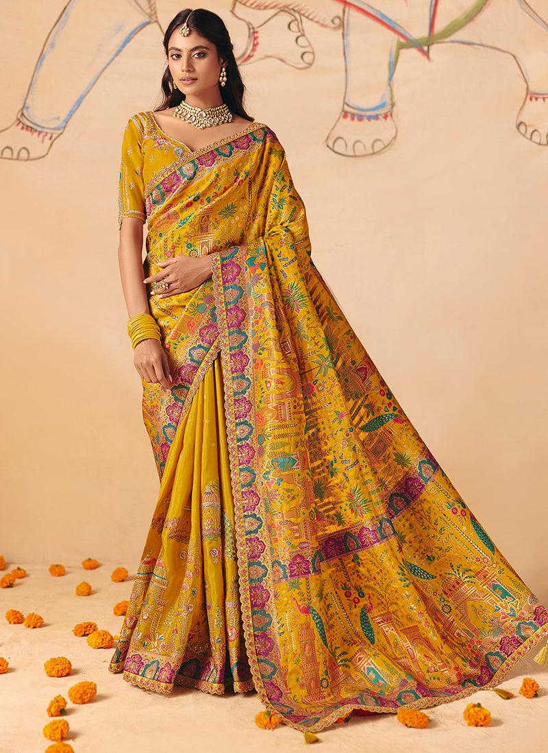 Yellow Silk Sequins Work  Wedding Wear Saree SW388959